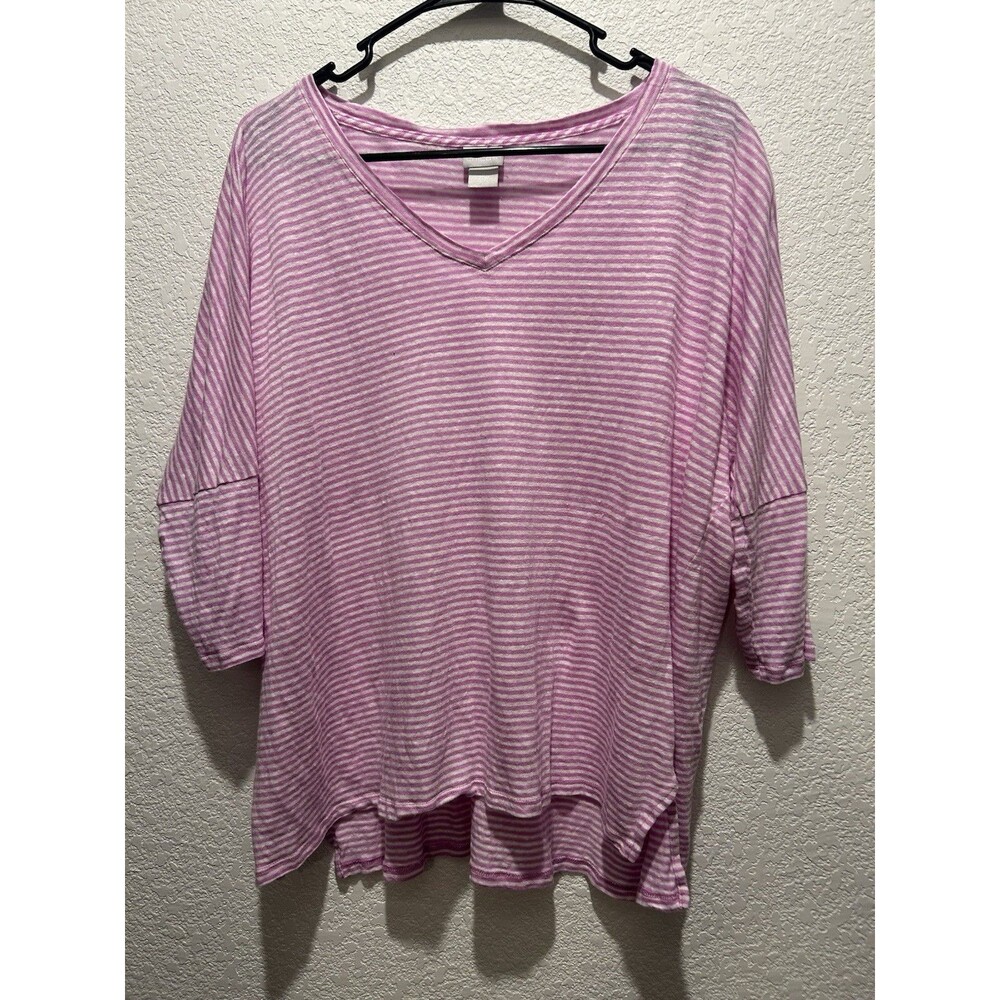 CHICO'S SHIRT Size 2 Womens Large Pink Striped Linen Hi Low Beachy Lagenlook